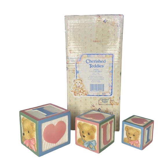 Three 1996 Enesco Cherished Teddies I Love You Letter Blocks #240281 New In Box - Picture 7 of 8